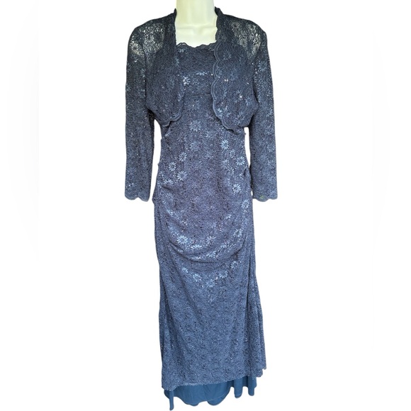 BNWT Vintage Deadstock Sequin Lace Gown & Bolero Shrug Navy Blue - 6